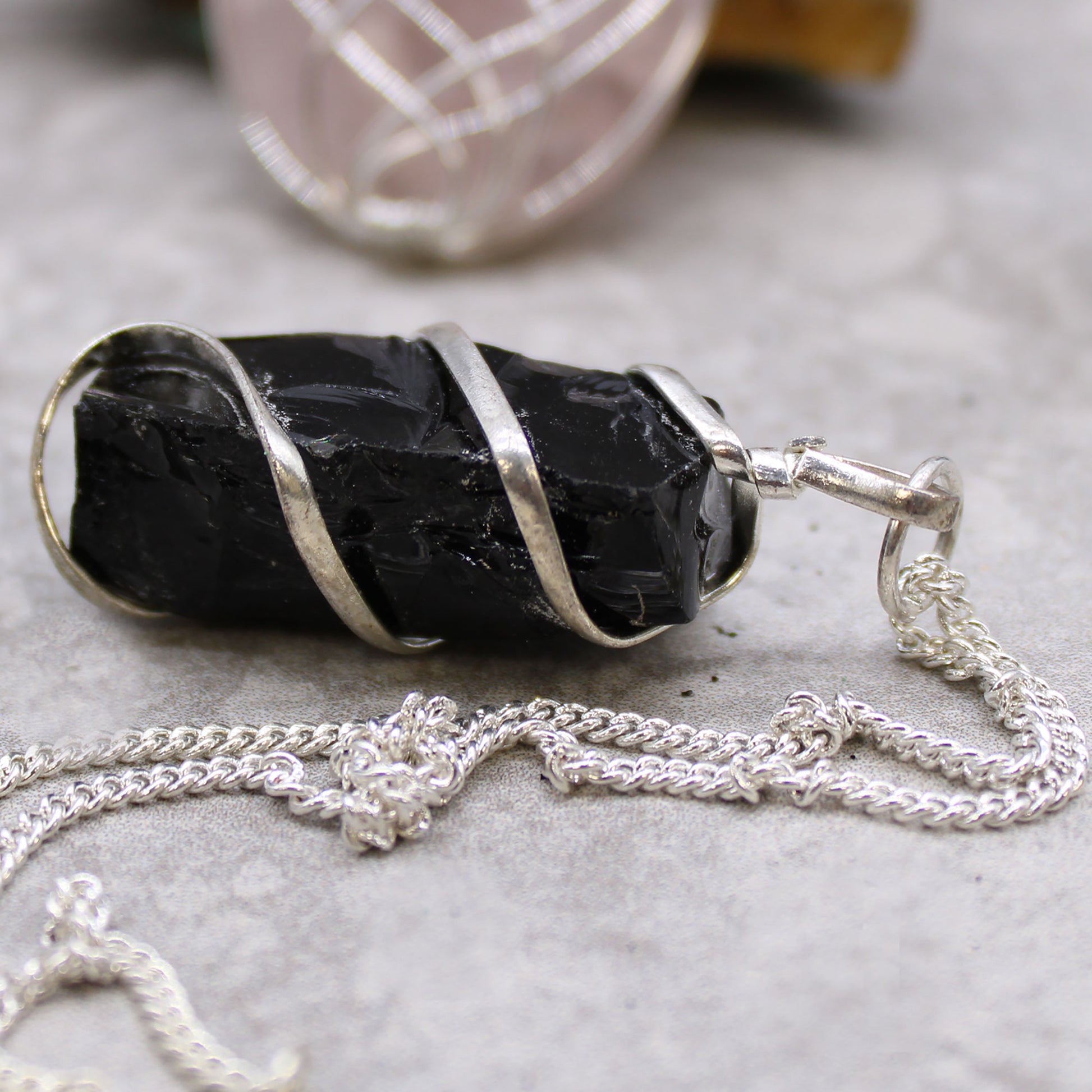 Cascade Wrapped Gemstone Necklace - Rough Black Onyx From Witch, Please!