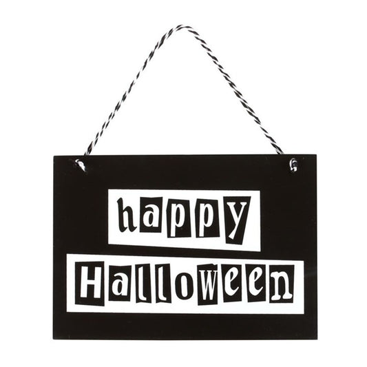 Black and White Happy Halloween Hanging Sign From Witch, Please!