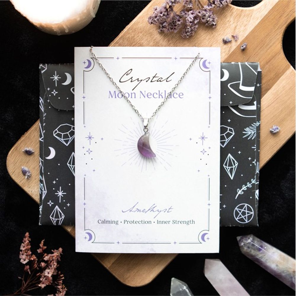 Amethyst Crystal Moon Necklace on Greeting Card From Witch, Please!