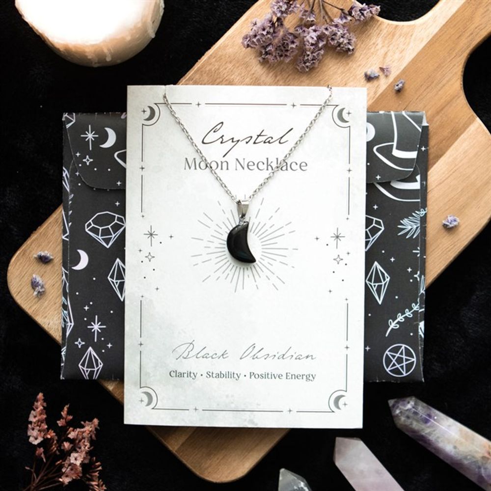 Black Obsidian Crystal Moon Necklace on Greeting Card From Witch, Please!