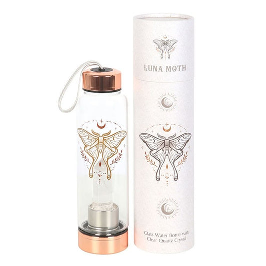 Luna Moth Glass Water Bottle with Clear Quartz Crystal From Witch, Please!